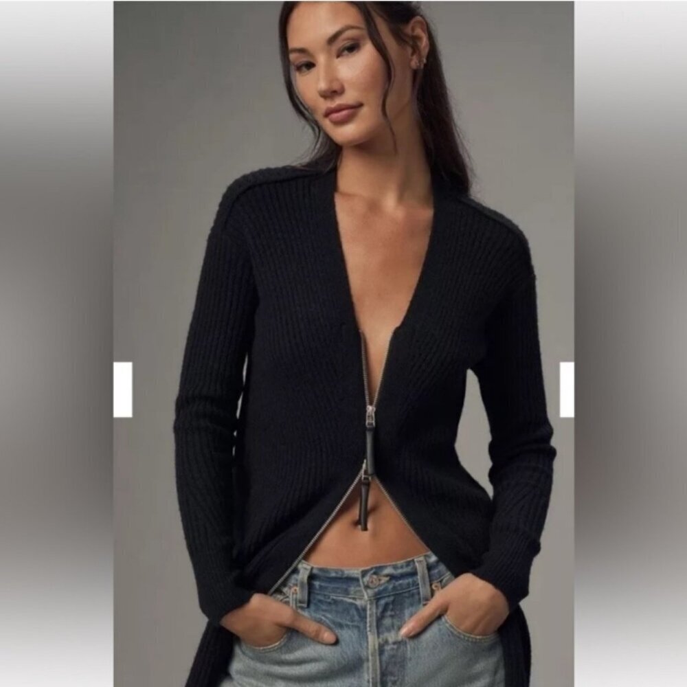 Anthropologie Pilcro Faux Leather Trimmed Zip Duster Cardigan Sweater Size Small - Picture 11 of 12